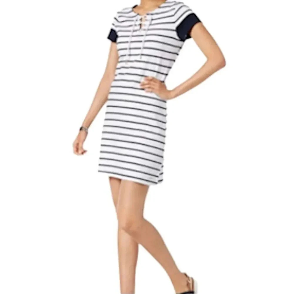Tommy Hilfiger short sleeved dress White w navy stripes Lace up neckline sz S